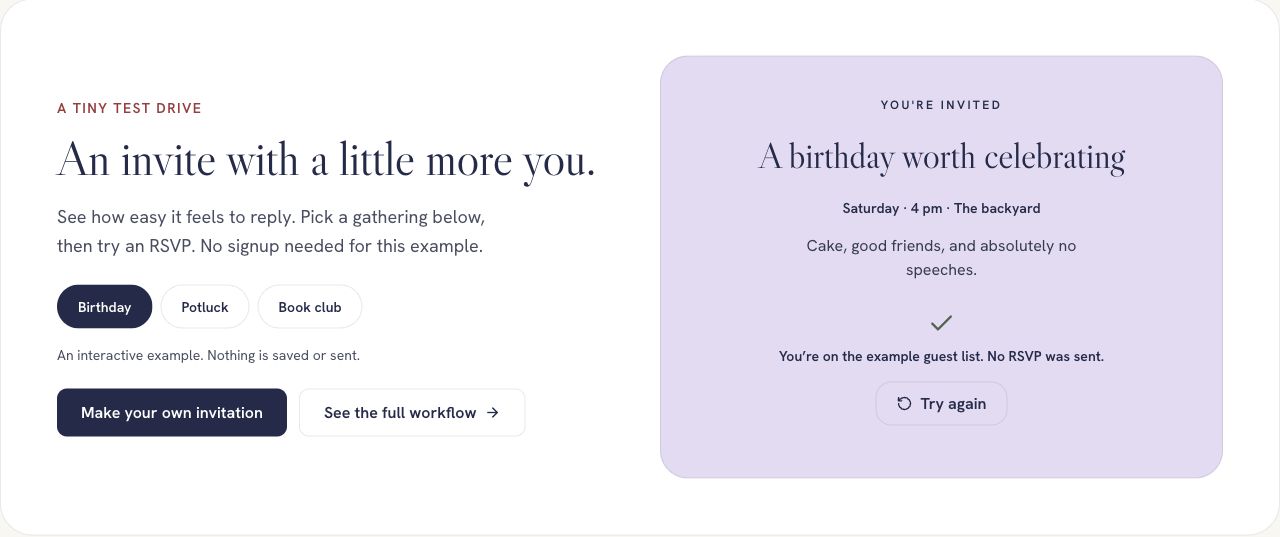 SealSend public invitation example showing a sample birthday event and local-only RSVP confirmation