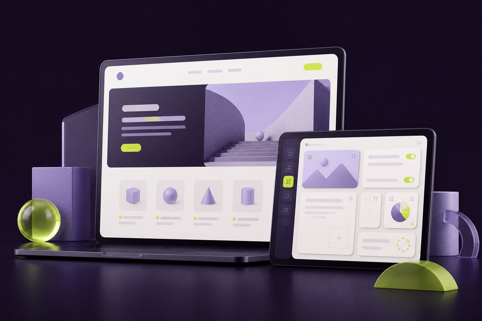 Illustration of a public business website alongside a private content editing workspace